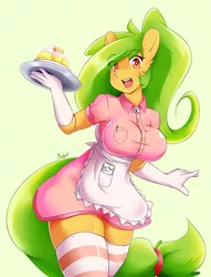 Size: 950x1242 | Tagged: anthro, apron, artist:mleonheart, breasts, clothes, derpibooru import, female, nudity, oc, oc:mango, shirt, socks, striped socks, suggestive, unofficial characters only
