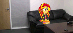 Size: 500x229 | Tagged: safe, artist:alui, derpibooru import, sunset shimmer, equestria girls, rainbow rocks, animated, bopping shimmer, casting couch, equestria girls in real life, irl, photo, ponies in real life, solo, this will end in creampie, this will end in snu snu, this will end in tears