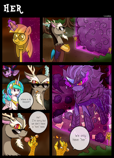 Size: 1600x2211 | Tagged: safe, artist:vavacung, derpibooru import, discord, princess celestia, twilight sparkle, twilight sparkle (alicorn), oc, oc:paper mache, alicorn, pony, comic:to love god - to love mortal, barrier, comic, corrupted, crossed arms, female, force field, future twilight, lollipop, magic, mare, mouth hold, open mouth, smiling, sombra eyes, sunglasses, twilight scepter