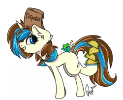 Size: 471x382 | Tagged: safe, artist:queengavynn, derpibooru import, oc, oc:bing, oc:breezy, unofficial characters only, pony, unicorn, bag, balancing, bingzy, blank flank, chipotle, grin, looking back, smiling, taco