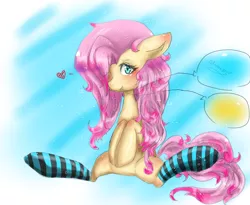 Size: 1264x1038 | Tagged: artist:glaceon803, balloon, clothes, derpibooru import, fluttershy, fusion, pinkie pie, safe, socks, solo, striped socks