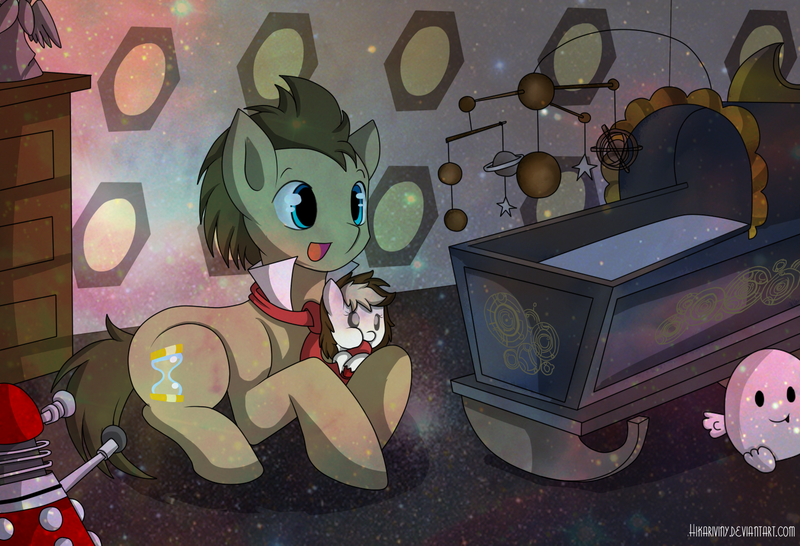 Size: 1500x1024 | Tagged: adipose, artist:hikariviny, crib, crib mobile, dalek, derpibooru import, doctor who, doctor whooves, oc, oc:sweet lullaby, offspring, parent:doctor whooves, parent:roseluck, parents:doctorrose, safe, time turner, weeping angel