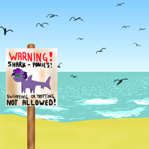 Size: 1000x1000 | Tagged: artist:merkleythedrunken, beach, derpibooru import, original species, safe, shark pony, sign, warning