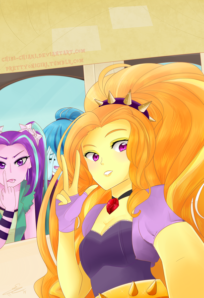 Size: 900x1314 | Tagged: safe, artist:chokico, derpibooru import, adagio dazzle, aria blaze, sonata dusk, equestria girls, rainbow rocks, fuck you, middle finger, selfie, shy, the dazzlings, vulgar