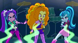 Size: 1280x710 | Tagged: safe, derpibooru import, edit, edited screencap, screencap, adagio dazzle, aria blaze, sonata dusk, equestria girls, rainbow rocks, amulet, drums, empowerment, evil grin, female, gem, grin, hypnosis, jewelry, microphone, negative energy, singing, siren gem, sleeveless, smiling, trio, under our spell