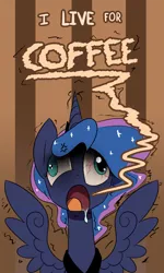 Size: 1400x2336 | Tagged: addiction, artist:darkflame75, bloodshot eyes, coffee, derp, derpibooru import, drool, lunadoodle, luna found the coffee, majestic as fuck, mismatched eyes, open mouth, princess luna, safe, solo, wide eyes, wingboner