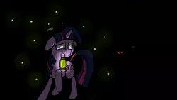 Size: 2560x1440 | Tagged: safe, derpibooru import, twilight sparkle, twilight sparkle (alicorn), alicorn, pony, dark, everfree forest, female, floppy ears, forest, lamp, lantern, looking back, mare, monster, mouth hold, raised hoof, red eyes, scared, scary, shadows, wide eyes