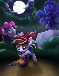 Size: 3096x3960 | Tagged: safe, artist:nadnerbd, derpibooru import, pinkie pie, pipsqueak, princess luna, alicorn, earth pony, pony, candy, colt, everfree forest, female, food, halloween, male, mare, moon, night, pipsqueak eating spaghetti, rearing, spaghetti