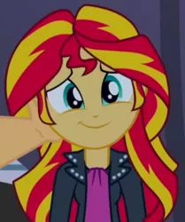 Size: 281x336 | Tagged: safe, derpibooru import, edit, edited screencap, screencap, sunset shimmer, equestria girls, rainbow rocks, arm, cute, hand, looking at you, pat, petting, shimmerbetes, smiling, when she smiles