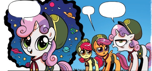 Size: 613x287 | Tagged: apple bloom, comic, cropped, cute, cutie mark crusaders, derpibooru import, diasweetes, dictionary belle, edit, exploitable, faic, filly guides, idw, meteorite, preview, safe, scootaloo, scout uniform, spoiler:comic, spoiler:comic24, sweetie belle