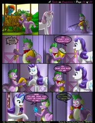 Size: 1165x1500 | Tagged: safe, artist:kitsuneyoukai, derpibooru import, rarity, spike, sweetie belle, comic:a spike in confidence, bowtie, cart, chewing, corridor, courtship, dialogue, disappointed, eating, explicit source, eyes closed, facehoof, female, flower, gem, generosity, horses doing horse things, hungry, interior, knocking, male, oblivious, realization, shipping, sparity, straight, talking