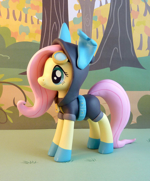 Size: 749x900 | Tagged: safe, artist:krowzivitch, derpibooru import, fluttershy, pegasus, pony, bunny ears, clothes, craft, custom, dangerous mission outfit, female, figurine, flutterspy, goggles, hoodie, irl, mare, photo, sculpture, solo, toy