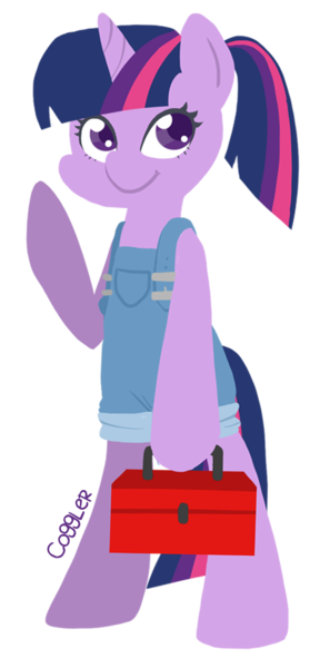 Size: 450x908 | Tagged: safe, artist:coggler, derpibooru import, twilight sparkle, pony, alternate hairstyle, bipedal, cute, mechanic, overalls, ponytail, simple background, solo, toolbox, transparent background