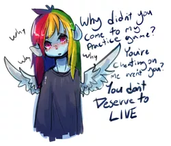 Size: 1200x1022 | Tagged: semi-grimdark, artist:kaknifu, derpibooru import, rainbow dash, anthro, ambiguous facial structure, blushing, clothes, crying, image, png, rainbowmena, solo, sweater, that escalated quickly, yandere, yanderebow dash