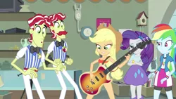 Size: 1280x720 | Tagged: suggestive, derpibooru import, edit, edited screencap, screencap, applejack, flam, flim, rainbow dash, rarity, a case for the bass, equestria girls, rainbow rocks, breasts, clothes, underwear, underwear edit