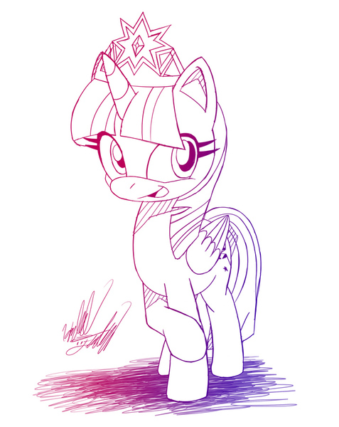 Size: 716x900 | Tagged: safe, artist:fuzon-s, derpibooru import, twilight sparkle, twilight sparkle (alicorn), alicorn, pony, big crown thingy, crown, female, gradient lineart, happy, mare, monochrome, new crown, open mouth, raised hoof, sketch, solo