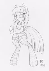 Size: 701x1000 | Tagged: artist:dfectivedvice, checkered socks, clothes, dress, featureless crotch, grayscale, maud pie, monochrome, safe, semi-anthro, solo, stockings, traditional art