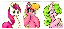 Size: 821x376 | Tagged: artist:retrostarling, bedroom eyes, daisy, derpibooru import, flower, flower in hair, flower trio, flower wishes, hoof hold, lily, lily valley, looking at you, :o, open mouth, rose, roseluck, safe, smiling, traditional art