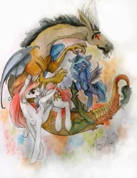 Size: 715x929 | Tagged: artist:queenanneka, discord, princess celestia, princess luna, s1 luna, safe, traditional art