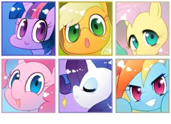 Size: 900x650 | Tagged: safe, artist:sweetsound, derpibooru import, applejack, fluttershy, pinkie pie, rainbow dash, rarity, twilight sparkle, bust, chibi, cute, dashabetes, diapinkes, head only, jackabetes, mane six, pixiv, portrait, raribetes, shyabetes, twiabetes