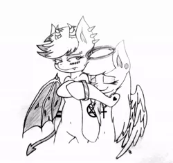 Size: 1022x959 | Tagged: angel pony, artist:dubstepbrony4life, belly button, blushing, christianity, derpibooru import, devil pony, eyes closed, grayscale, halo, hug, lidded eyes, monochrome, oc, safe, satanism, simple background, traditional art, unofficial characters only, white background