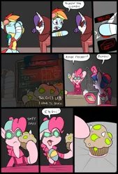Size: 781x1156 | Tagged: safe, artist:metal-kitty, derpibooru import, pinkie pie, rainbow dash, rarity, twilight sparkle, twilight sparkle (alicorn), alicorn, pony, comic:expiration date, bread monster, comic, crossover, engie pie, engineer, expiration date, female, laboratory, mare, medic, muffin, rainbow scout, rarispy, scout, self-aware beauty mark, spy, team fortress 2, twi medic