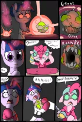 Size: 781x1156 | Tagged: safe, artist:metal-kitty, derpibooru import, pinkie pie, twilight sparkle, twilight sparkle (alicorn), alicorn, pony, comic:expiration date, bread monster, comic, crossover, engie pie, engineer, expiration date, female, mare, medic, muffin, team fortress 2, teleporter, twi medic