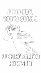 Size: 720x1280 | Tagged: safe, derpibooru import, twilight sparkle, oc, oc:anon, alicorn, pony, anon-kun, drawfag, faggot, female, mare, monochrome, op is a faggot, open mouth, smiling, solo, traditional art, ur a faget, vulgar