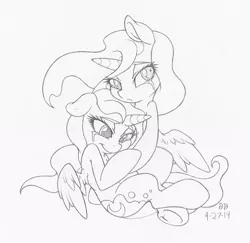 Size: 1000x973 | Tagged: artist:dfectivedvice, crying, derpibooru import, floppy ears, grayscale, hug, monochrome, princess celestia, princess luna, safe, sitting, sketch, smiling, traditional art, underhoof