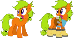 Size: 1234x647 | Tagged: safe, artist:forgotten-remnant, derpibooru import, oc, oc:carrot patch, unofficial characters only, earth pony, pony, clothes, farmer, female, galoshes, hammer, mare, neckerchief, open mouth, simple background, solo, tools, transparent background