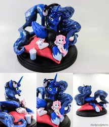 Size: 2150x2500 | Tagged: artist:dustysculptures, clothes, controller, cushion, derpibooru import, drink, gamer luna, headphones, hoodie, irl, lying, photo, pink-mane celestia, plot, plushie, princess celestia, princess luna, safe, sculpture, younger