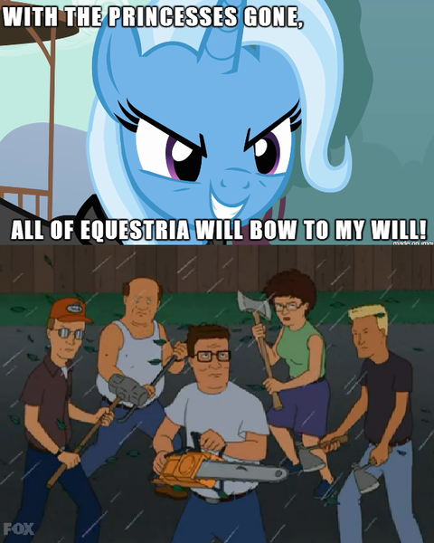 Size: 603x754 | Tagged: bill dauterive, boomhauer, dale gribble, derpibooru import, exploitable meme, hank hill, image macro, king of the hill, meme, peggy hill, safe, trixie, trixie vs everyone meme, trixie yells at everything