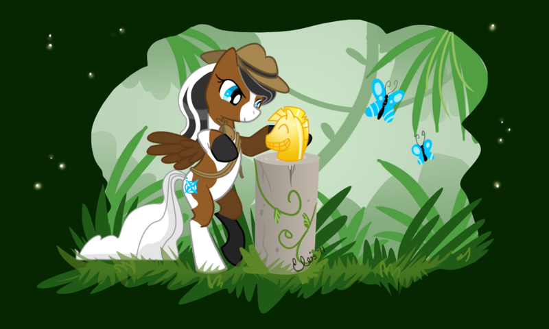 Size: 900x540 | Tagged: safe, artist:ellisarts, derpibooru import, oc, oc:tobiana, unofficial characters only, butterfly, pony, bipedal, hat, indiana jones, raiders of the lost ark, solo