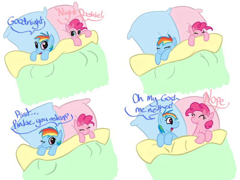 Size: 964x724 | Tagged: safe, artist:ponygoggles, derpibooru import, pinkie pie, rainbow dash, bed, comic, female, filly, lesbian, pinkiedash, shipping, younger