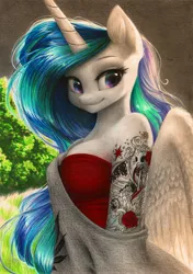 Size: 2739x3883 | Tagged: anthro, artist:katputze, backlighting, bare shoulders, beautiful, breasts, bust, cleavage, clothes, color porn, cute, cutelestia, dear princess celestia, derpibooru import, dress, ear fluff, eyes, female, looking at you, markers, multicolored iris, off shoulder, photorealistic, princess celestia, rainbow eyes, red dress, rose, safe, skull, sleeve tattoo, smiling, solo, tattoo, three quarter view, traditional art