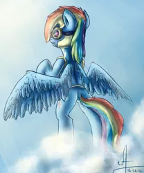 Size: 2834x3401 | Tagged: safe, artist:1vladislav, derpibooru import, rainbow dash, pegasus, pony, bipedal, cloud, cloudy, female, goggles, mare, signature, sky, solo, wonderbolt trainee uniform