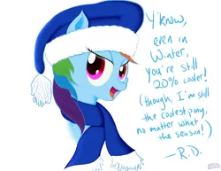 Size: 2560x1980 | Tagged: artist:aerialift, clothes, derpibooru import, hat, looking at you, rainbow dash, safe, scarf, solo, winter outfit