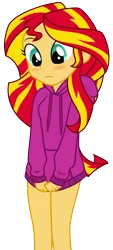 Size: 2250x5000 | Tagged: suggestive, artist:yanoda, derpibooru import, sunset shimmer, equestria girls, blushing, bottomless, clothes, covering, embarrassed, embarrassed nude exposure, female, hoodie, nudity, sexy, shirt pull, show accurate, simple background, solo, solo female, sweater, transparent background, vector
