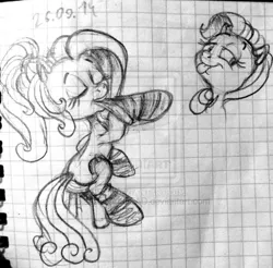 Size: 600x590 | Tagged: safe, artist:colossalstinker, derpibooru import, pinkie pie, rainbow dash, clothes, eyes closed, g3.5, graph paper, lidded eyes, monochrome, rainbow dash always dresses in style, sitting, sketch, socks, stockings, stool, tongue out, traditional art, watermark