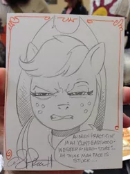 Size: 942x1256 | Tagged: applejack, artist:andypriceart, clint eastwood, derpibooru import, face, impersonating, safe, scrunchy face, solo, squint, squintjack, traditional art