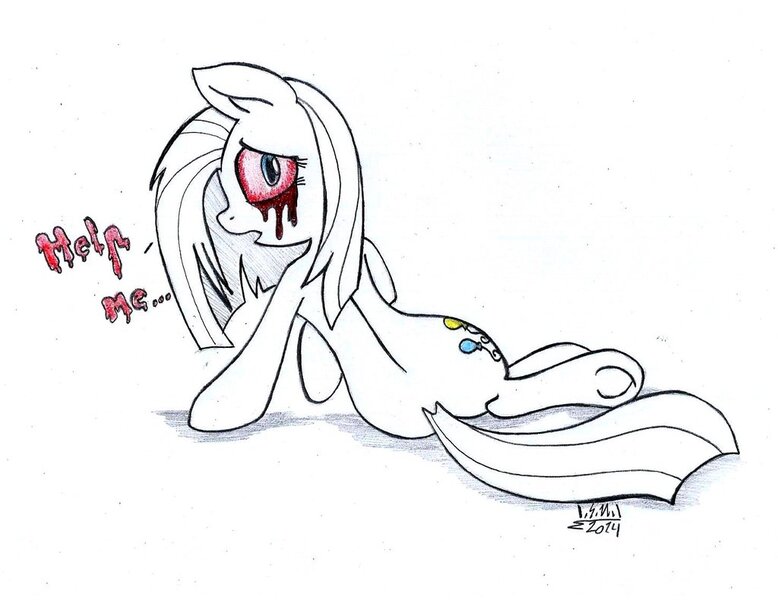 Size: 1024x790 | Tagged: grimdark, artist:cyanyeh, derpibooru import, pinkamena diane pie, pinkie pie, earth pony, pony, blood, bloodshot eyes, crying, partial color, sitting, solo, tears of blood, traditional art