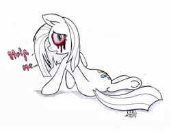 Size: 1024x790 | Tagged: grimdark, artist:cyanyeh, derpibooru import, pinkie pie, earth pony, pony, blood, bloodshot eyes, crying, partial color, pinkamena diane pie, sitting, solo, tears of blood, traditional art