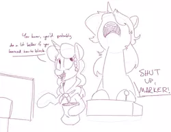 Size: 900x700 | Tagged: 4chan, annoyed, arcade stick, artist:goat train, derpibooru import, eating, fight stick, frustrated, mocking, monochrome, oc, oc:gloomy, oc:marker pony, open mouth, safe, sketch, unofficial characters only, video game