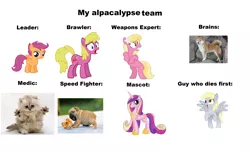 Size: 4480x2726 | Tagged: safe, derpibooru import, cherry berry, derpy hooves, lily, lily valley, princess cadance, scootaloo, cat, dog, pegasus, pony, shiba inu, abuse, bronybait, derpybuse, female, mare, meme, zombie apocalypse team