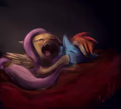 Size: 2000x1800 | Tagged: safe, artist:miokomata, derpibooru import, fluttershy, rainbow dash, cute, fangs, female, flutterdash, lesbian, shipping, sleeping, yawn