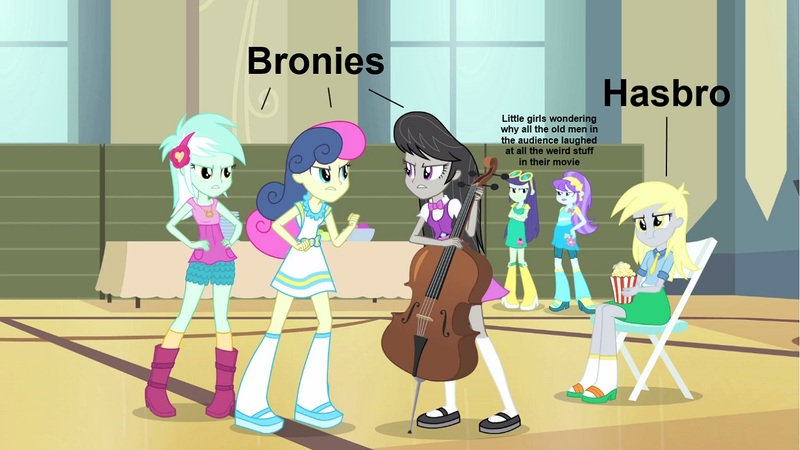 Size: 1353x761 | Tagged: artist needed, source needed, safe, derpibooru import, screencap, aqua blossom, blueberry cake, bon bon, derpy hooves, lyra heartstrings, octavia melody, sweetie drops, equestria girls, rainbow rocks, background human, cello, metaphor, musical instrument, popcorn, spoiler