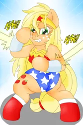 Size: 1285x1918 | Tagged: applebucking thighs, applebutt, applejack, artist:blackbewhite2k7, bullet, crossover, deflecting, derpibooru import, safe, wonderjack, wonder woman