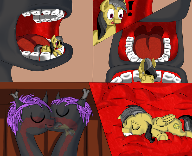 Size: 1280x1040 | Tagged: artist:fluttershy1502, changeling, changeling queen, changeling queen oc, comic, daring do, derpibooru import, failed escape, female, fetish, kissing, mouth transfer, oc, oc:sal, purple changeling, questionable, swallowing, vore, vore snowballing