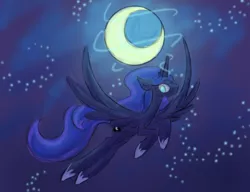 Size: 782x600 | Tagged: safe, artist:karlaandbliss, derpibooru import, princess luna, lunadoodle, crescent moon, flying, looking at you, magic, moon, night, smiling, solo, stars