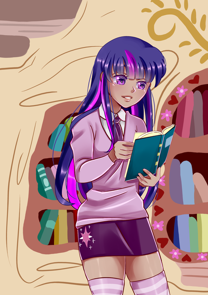 Size: 2893x4092 | Tagged: artist:reaper145, book, bookshelf, clothes, derpibooru import, golden oaks library, human, humanized, miniskirt, necktie, safe, schoolgirl, school uniform, shirt, skirt, socks, solo, striped socks, sweater, thigh highs, twilight sparkle